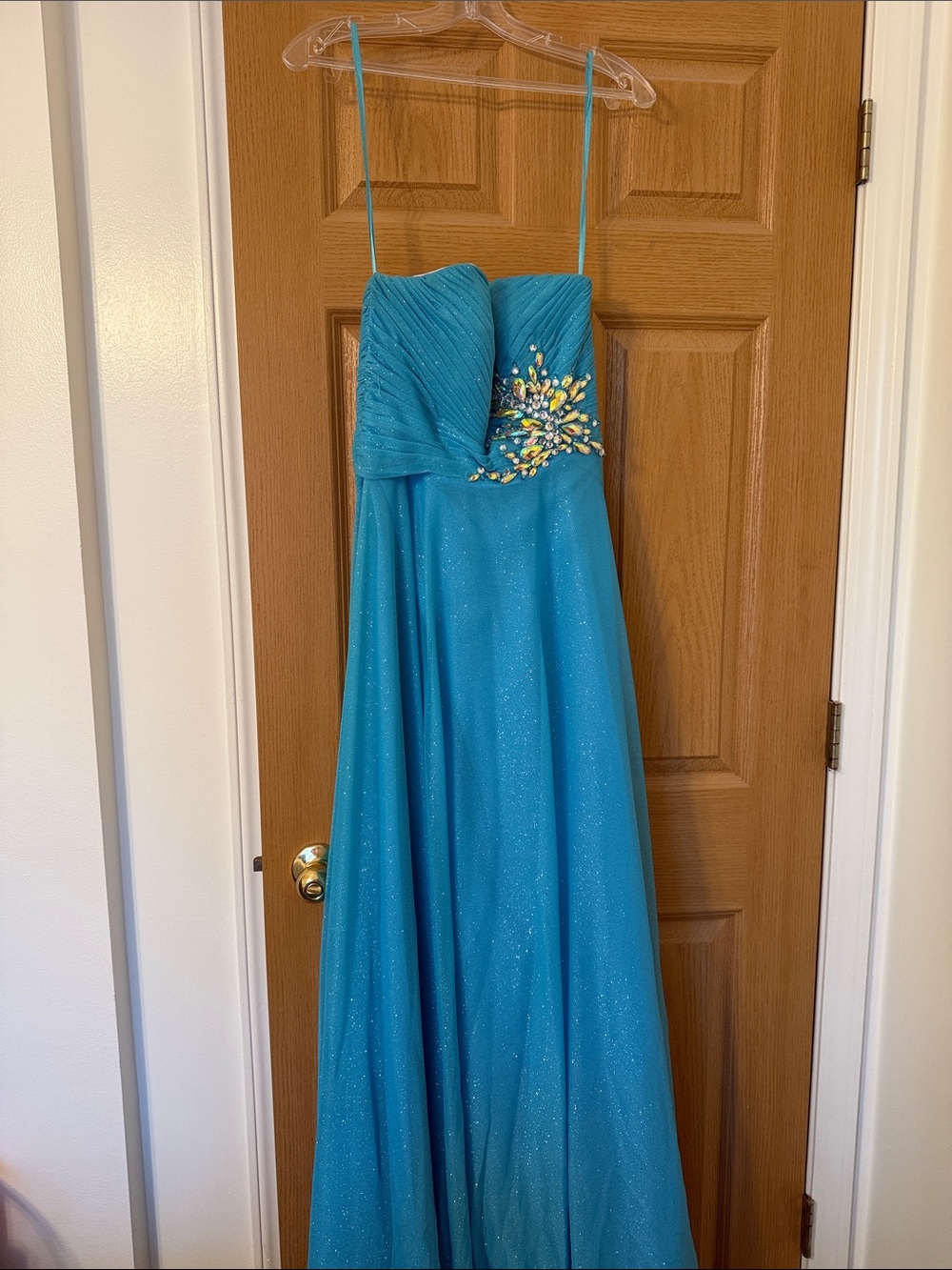 Night Moves Teal Strapless Sparkle Gown with Beaded Floral Accent